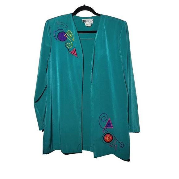 Vintage Victoria Morgan Sport Teal Embroidered Open Front Blazer Size Medium - Picture 1 of 8